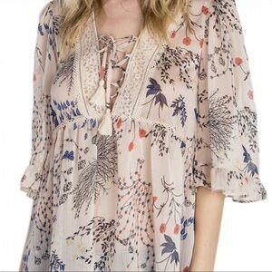 MISS ME Cottage Boho Sheer Ruffle Kimono Sleeve Floral Lace Up Festival Top SZ L